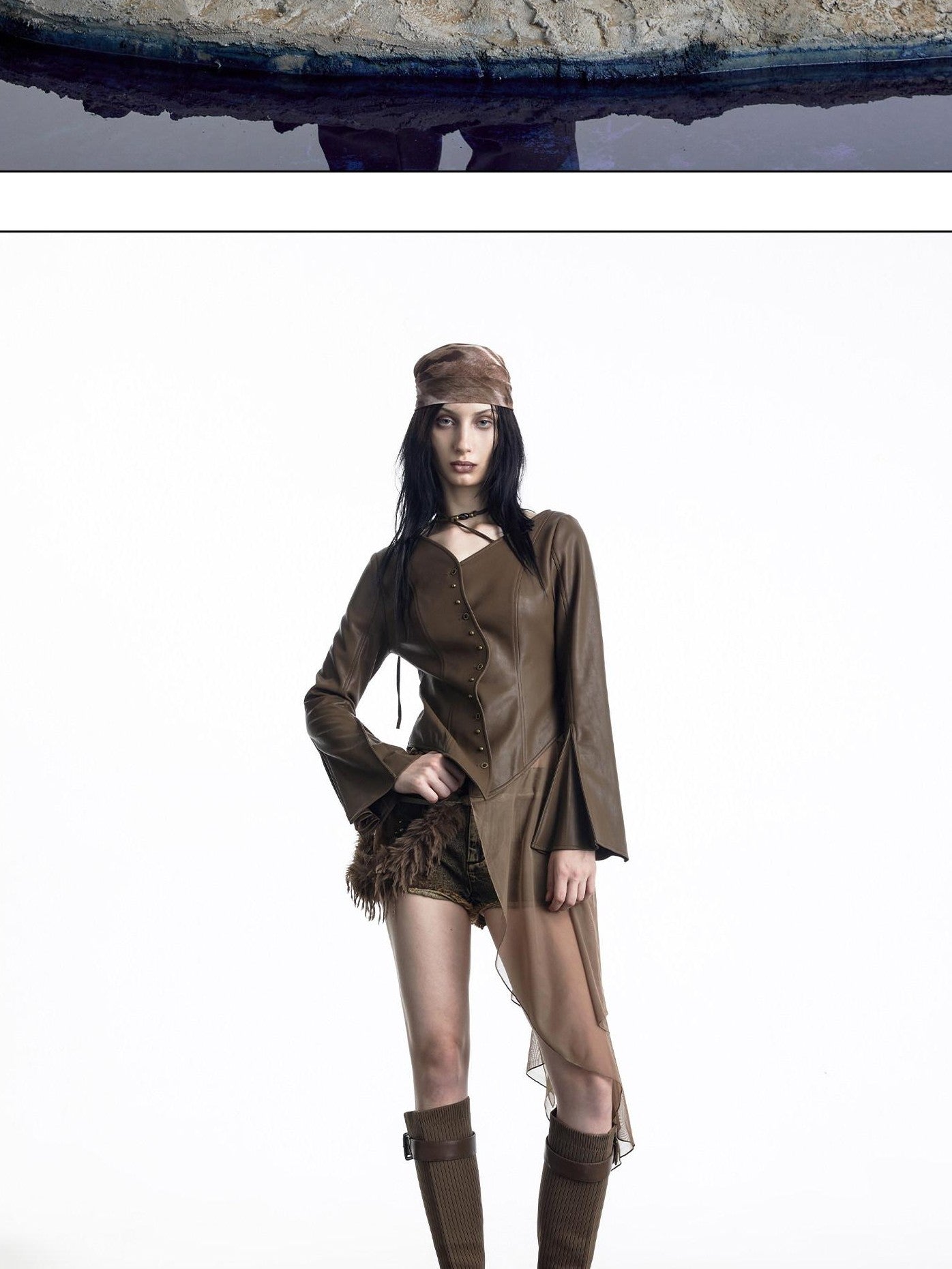 NORTH NODE Bell Sleeve Mesh Spliced V-neck Single Row Button Women&