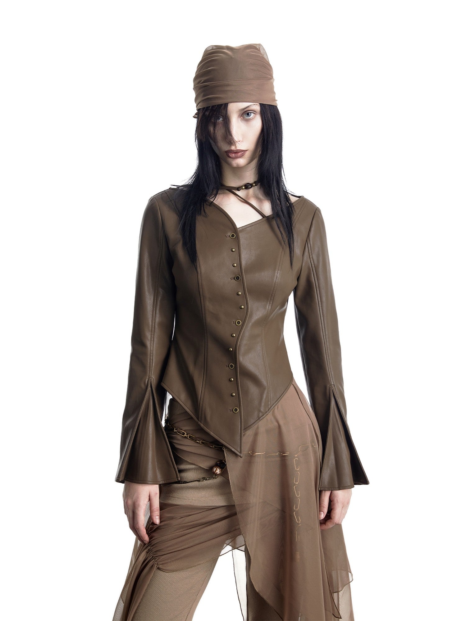 NORTH NODE Bell Sleeve Mesh Spliced V-neck Single Row Button Women&