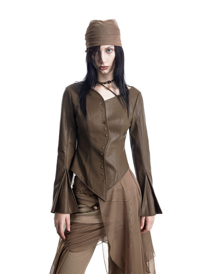 NORTH NODE Bell Sleeve Mesh Spliced V-neck Single Row Button Women&