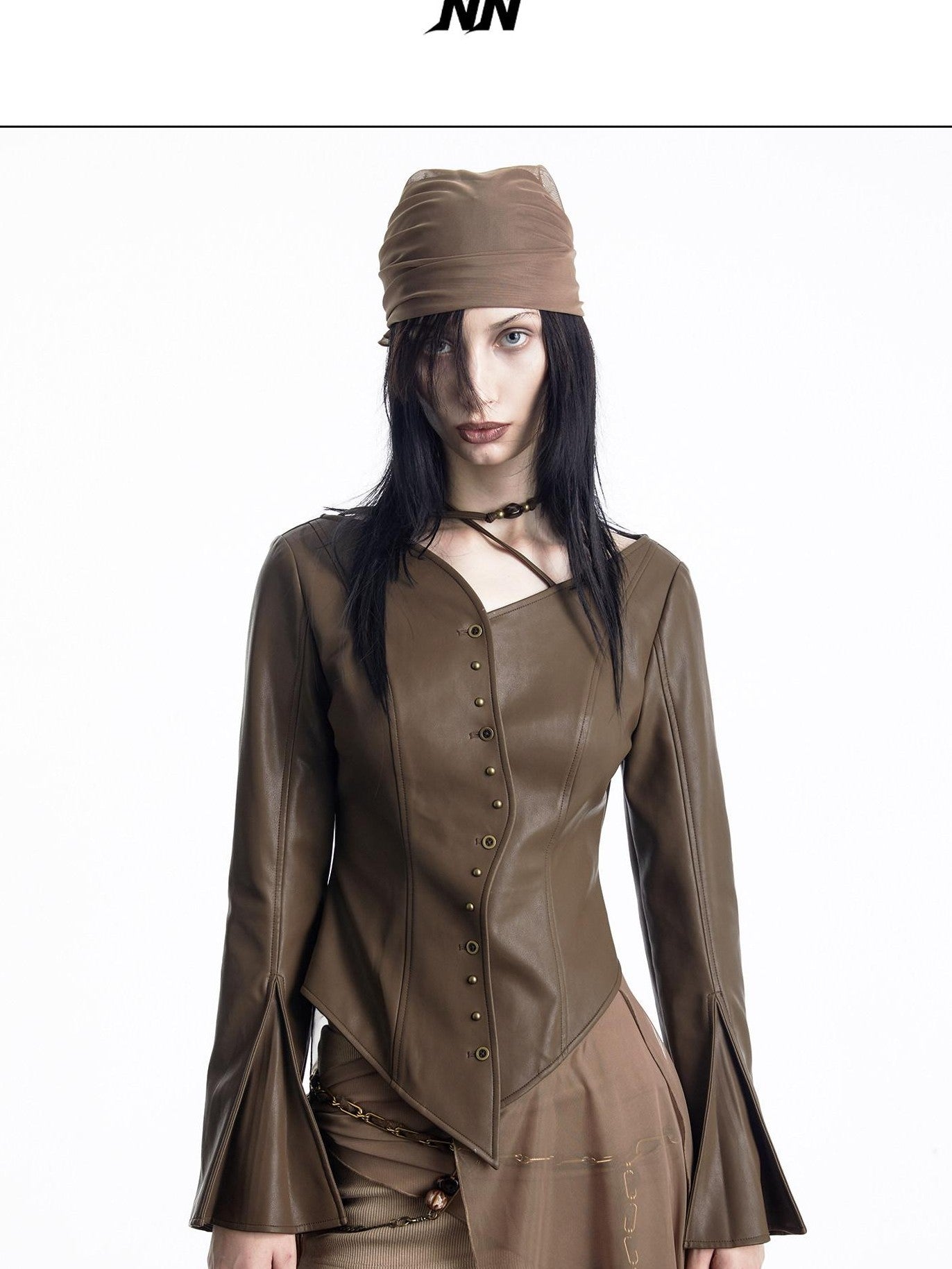 NORTH NODE Bell Sleeve Mesh Spliced V-neck Single Row Button Women&