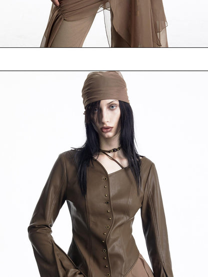 NORTH NODE Bell Sleeve Mesh Spliced V-neck Single Row Button Women&