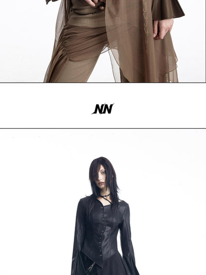 NORTH NODE Bell Sleeve Mesh Spliced V-neck Single Row Button Women&