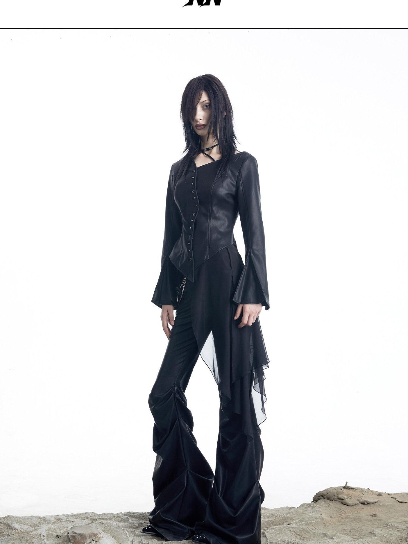 NORTH NODE Bell Sleeve Mesh Spliced V-neck Single Row Button Women&
