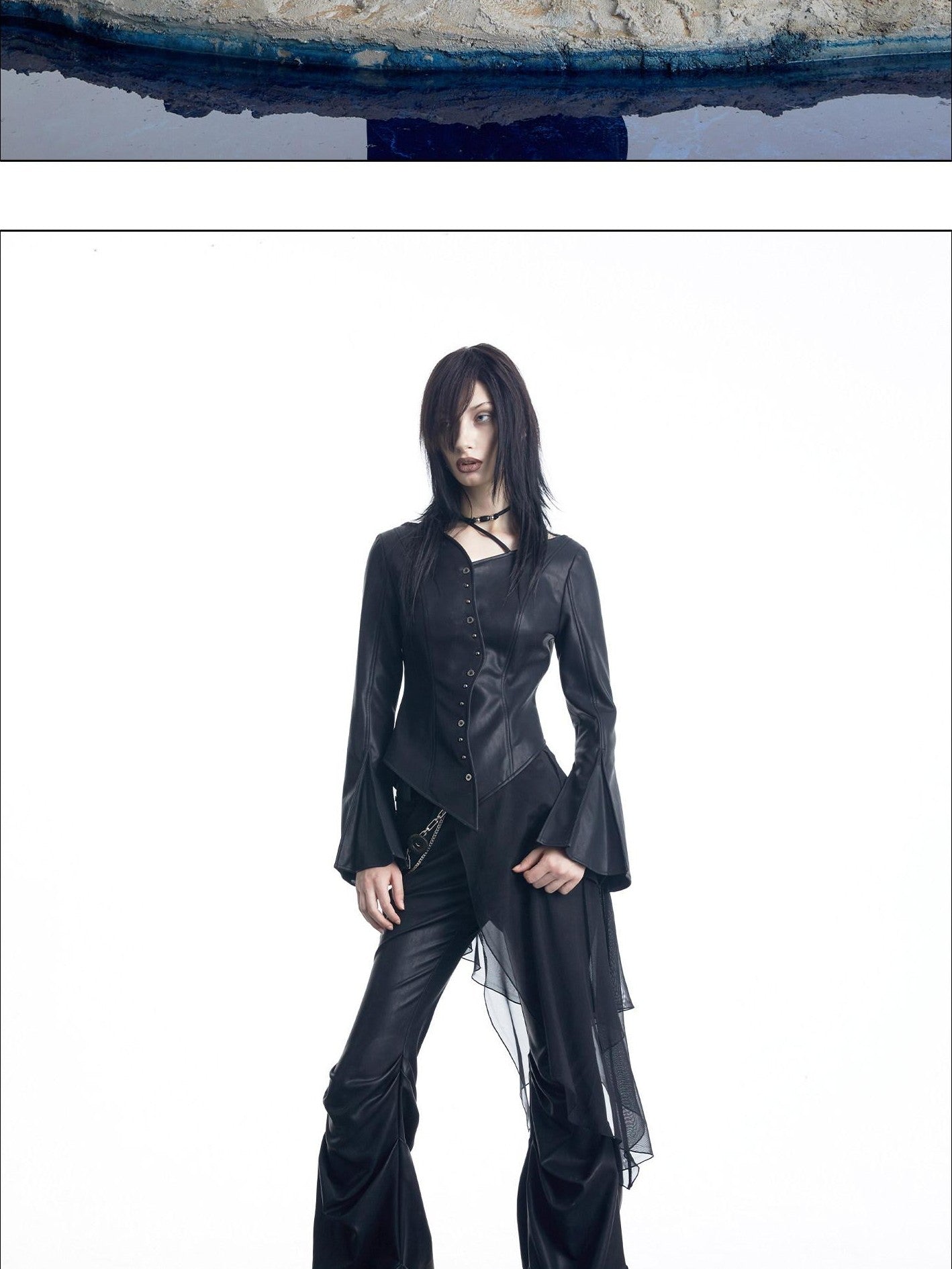 NORTH NODE Bell Sleeve Mesh Spliced V-neck Single Row Button Women&