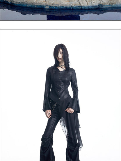 NORTH NODE Bell Sleeve Mesh Spliced V-neck Single Row Button Women&