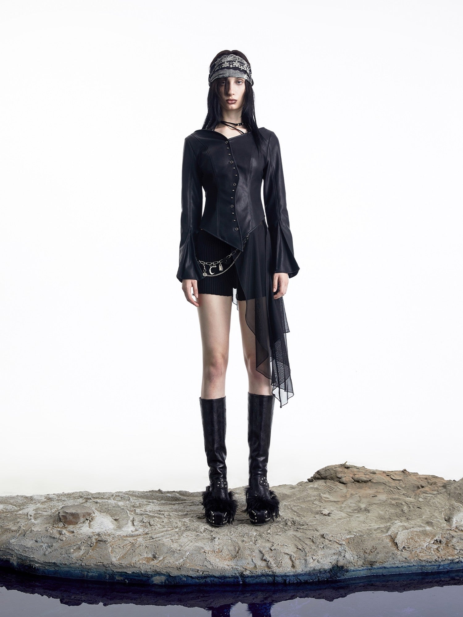 NORTH NODE Bell Sleeve Mesh Spliced V-neck Single Row Button Women&