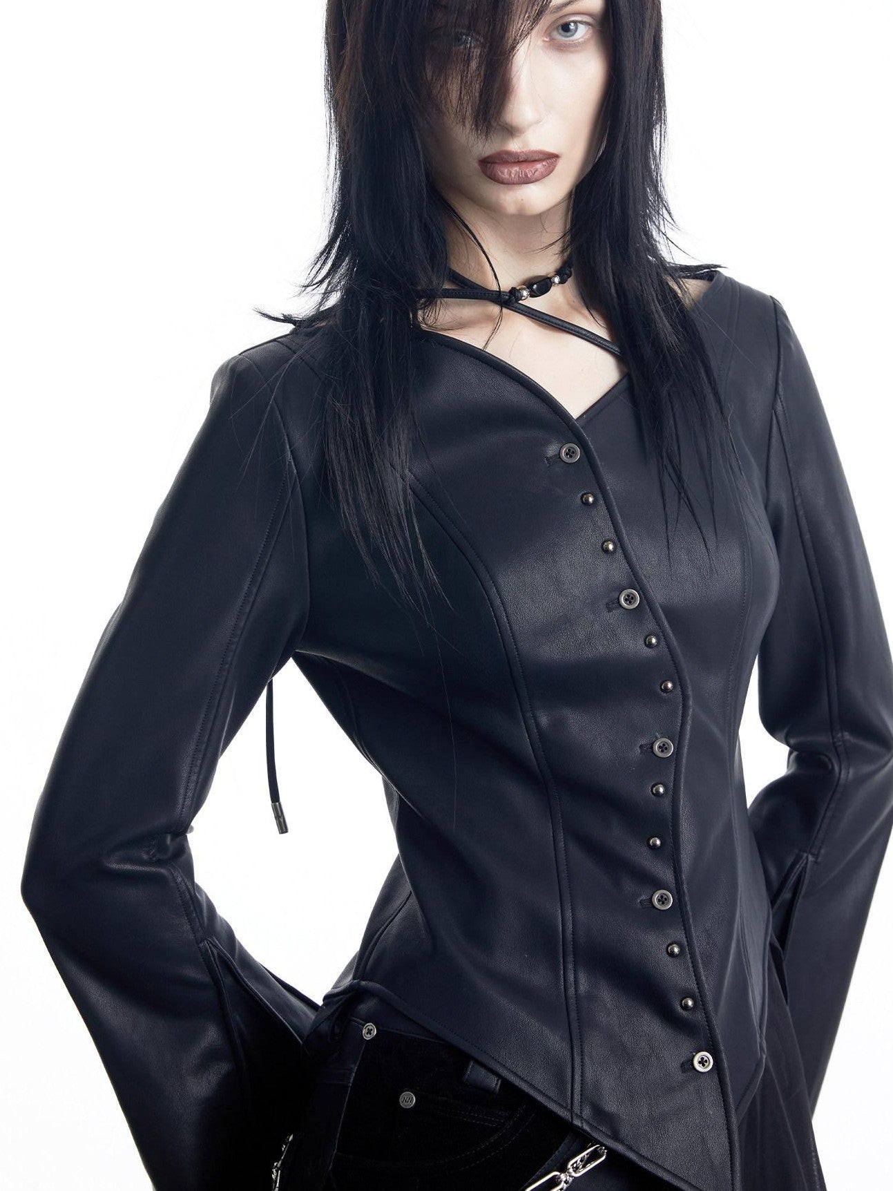 NORTH NODE Bell Sleeve Mesh Spliced V-neck Single Row Button Women&