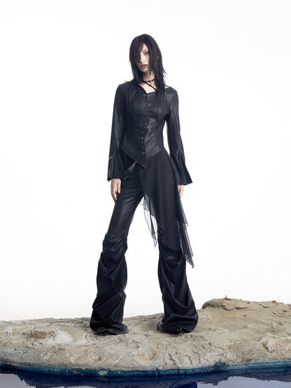 NORTH NODE Bell Sleeve Mesh Spliced V-neck Single Row Button Women&
