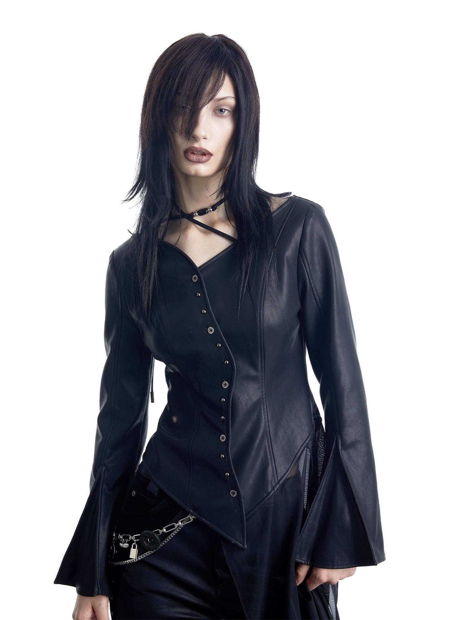 NORTH NODE Bell Sleeve Mesh Spliced V-neck Single Row Button Women&