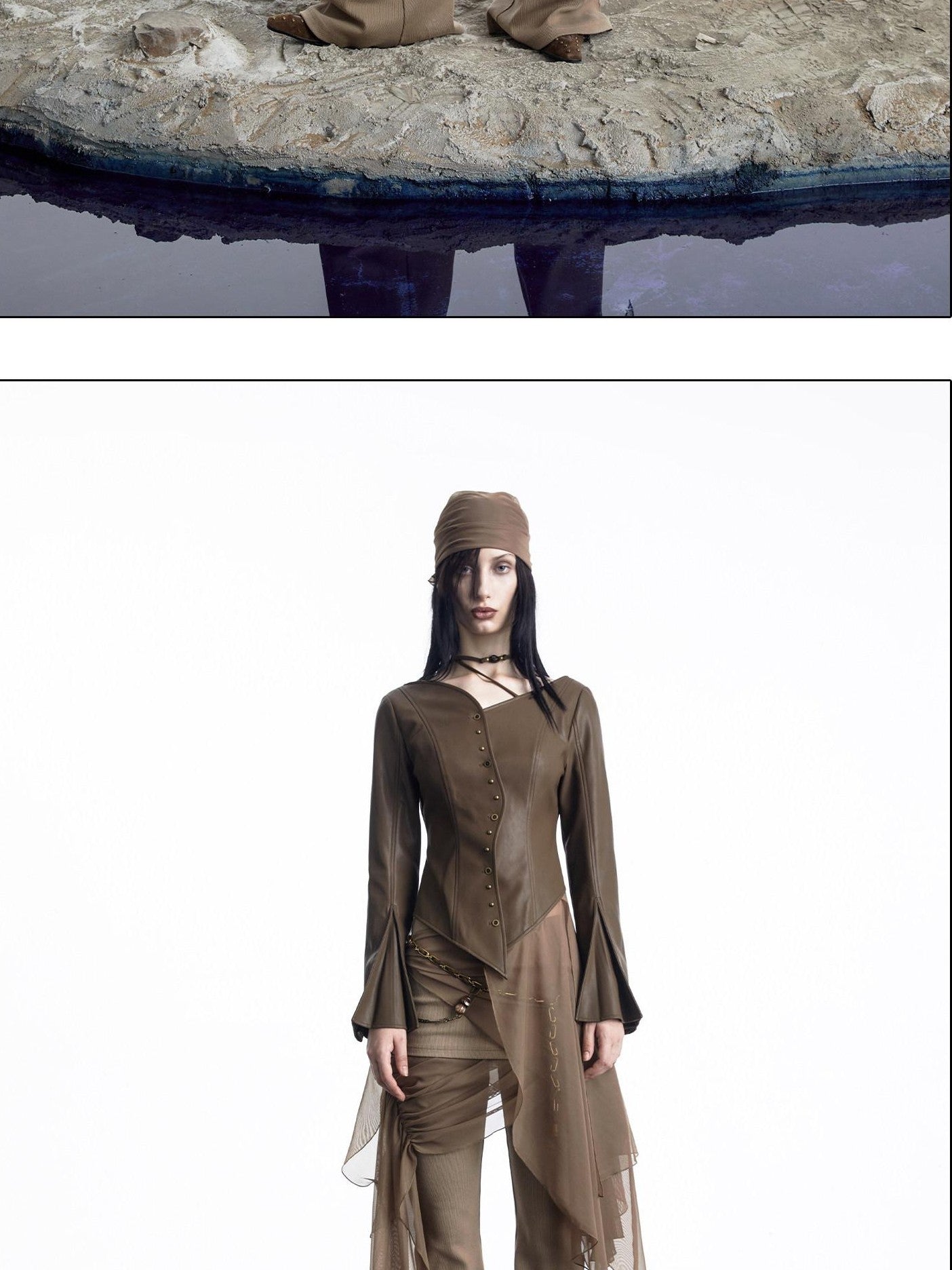 NORTH NODE Bell Sleeve Mesh Spliced V-neck Single Row Button Women&
