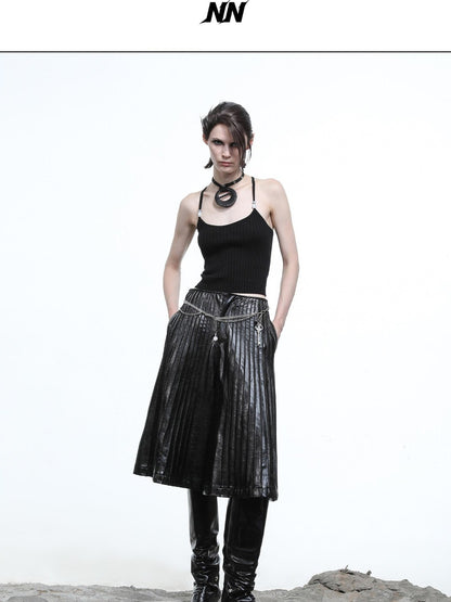 NORTH NODE Black Accordion Pleated Wide Leg Flared Natural Waist Women&