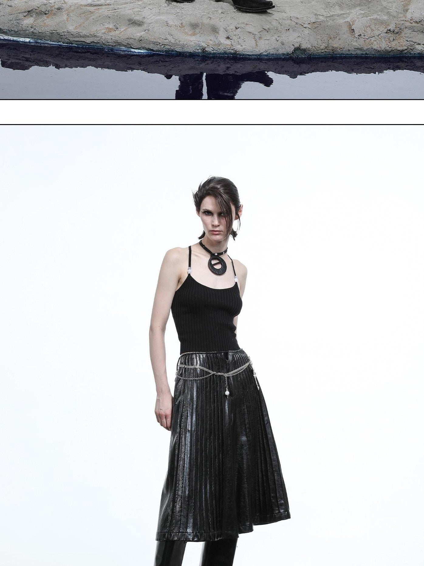 NORTH NODE Black Accordion Pleated Wide Leg Flared Natural Waist Women&