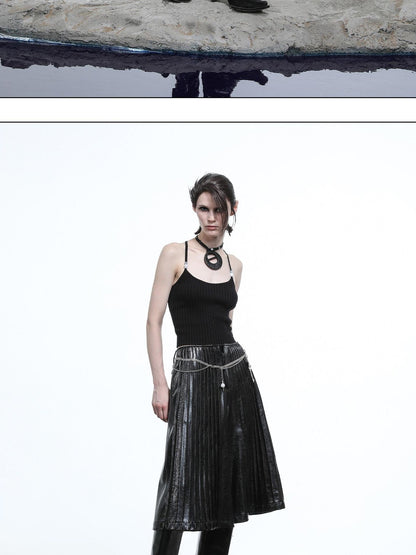 NORTH NODE Black Accordion Pleated Wide Leg Flared Natural Waist Women&