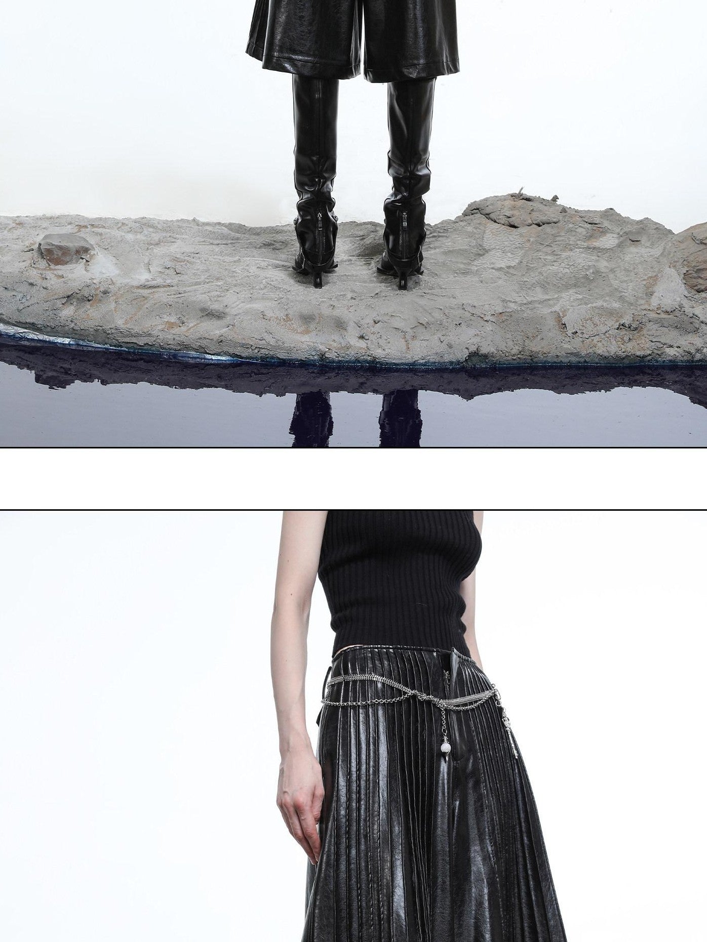 NORTH NODE Black Accordion Pleated Wide Leg Flared Natural Waist Women&