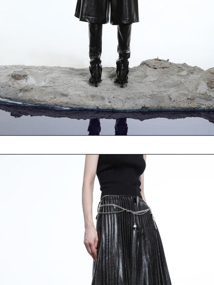 NORTH NODE Black Accordion Pleated Wide Leg Flared Natural Waist Women&