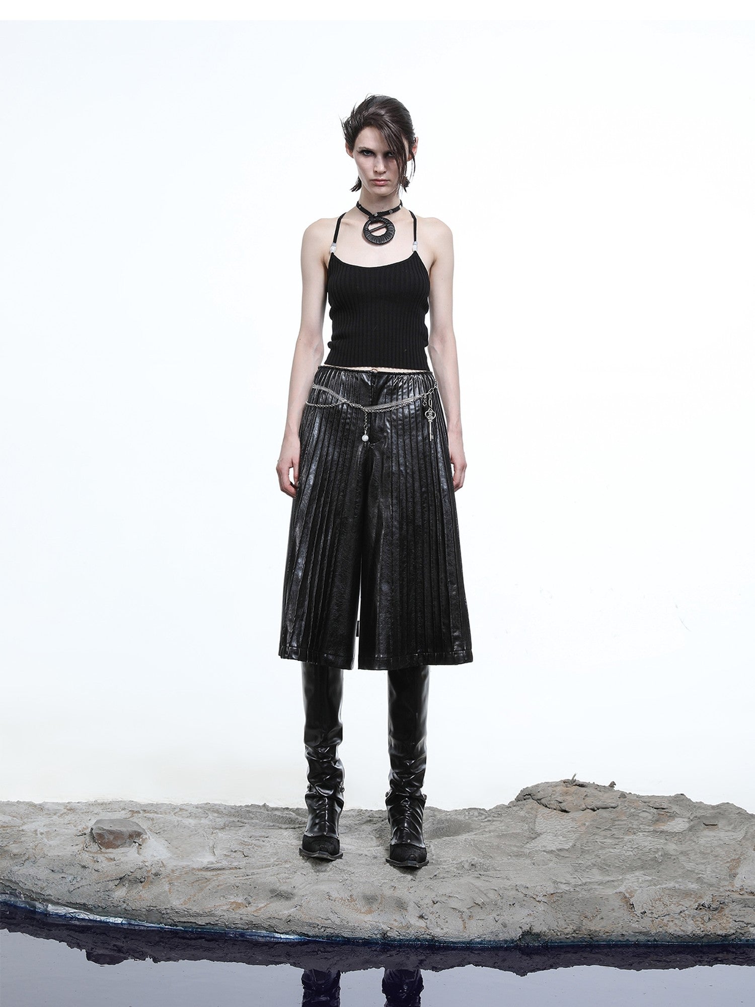 NORTH NODE Black Accordion Pleated Wide Leg Flared Natural Waist Women&