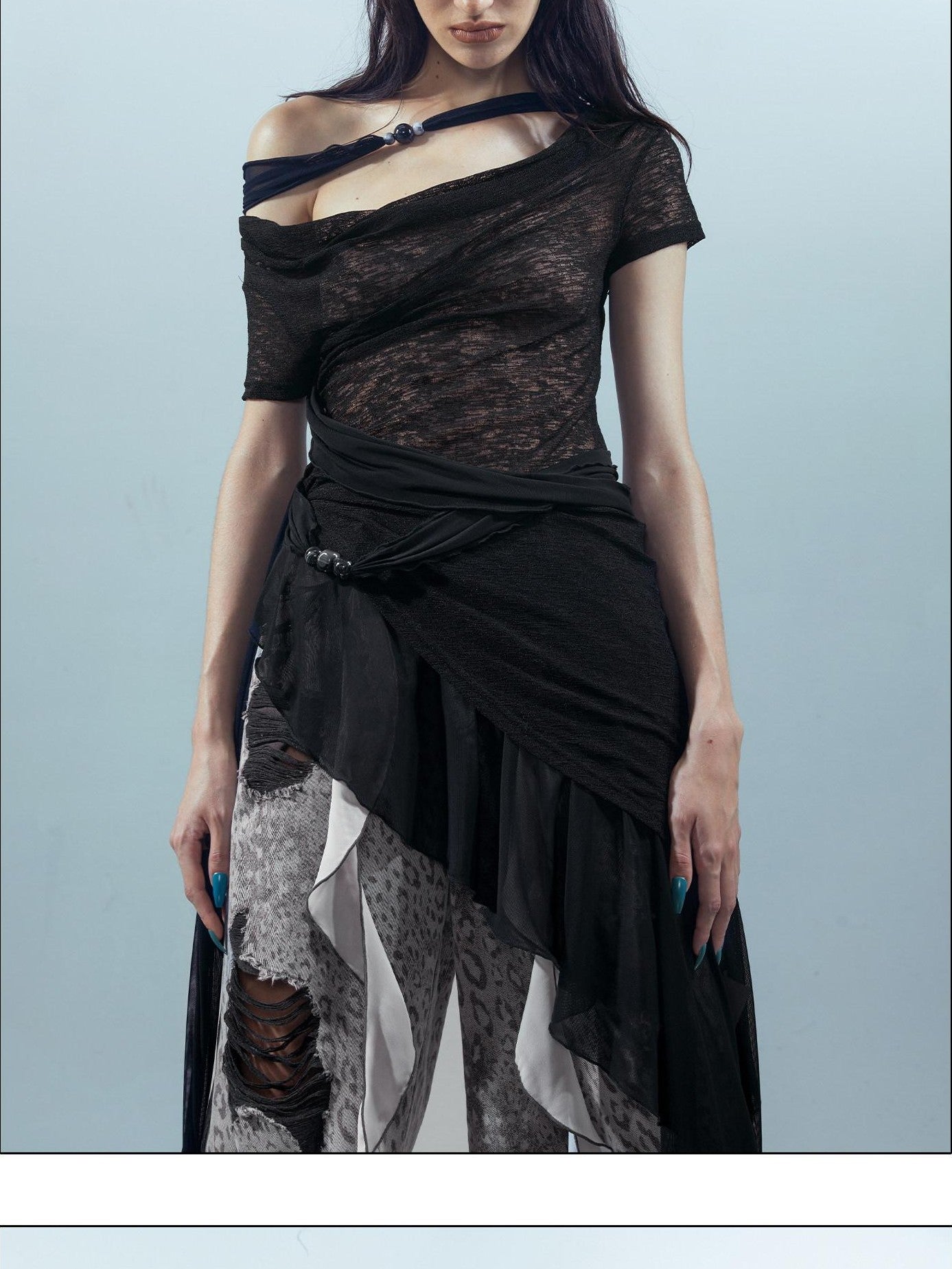 NORTH NODE Black Almond Beaded Mesh Splice Colorblock Women&