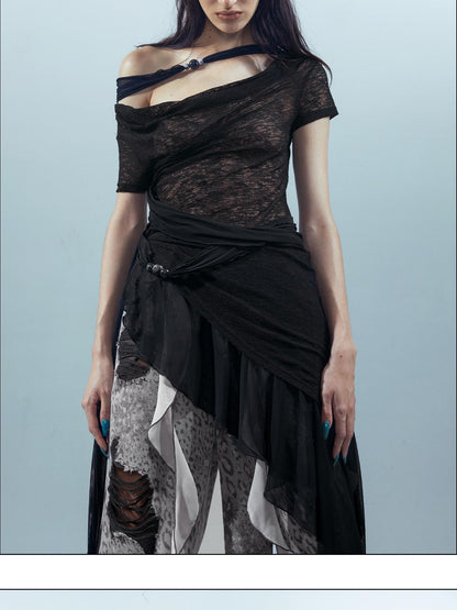NORTH NODE Black Almond Beaded Mesh Splice Colorblock Women&