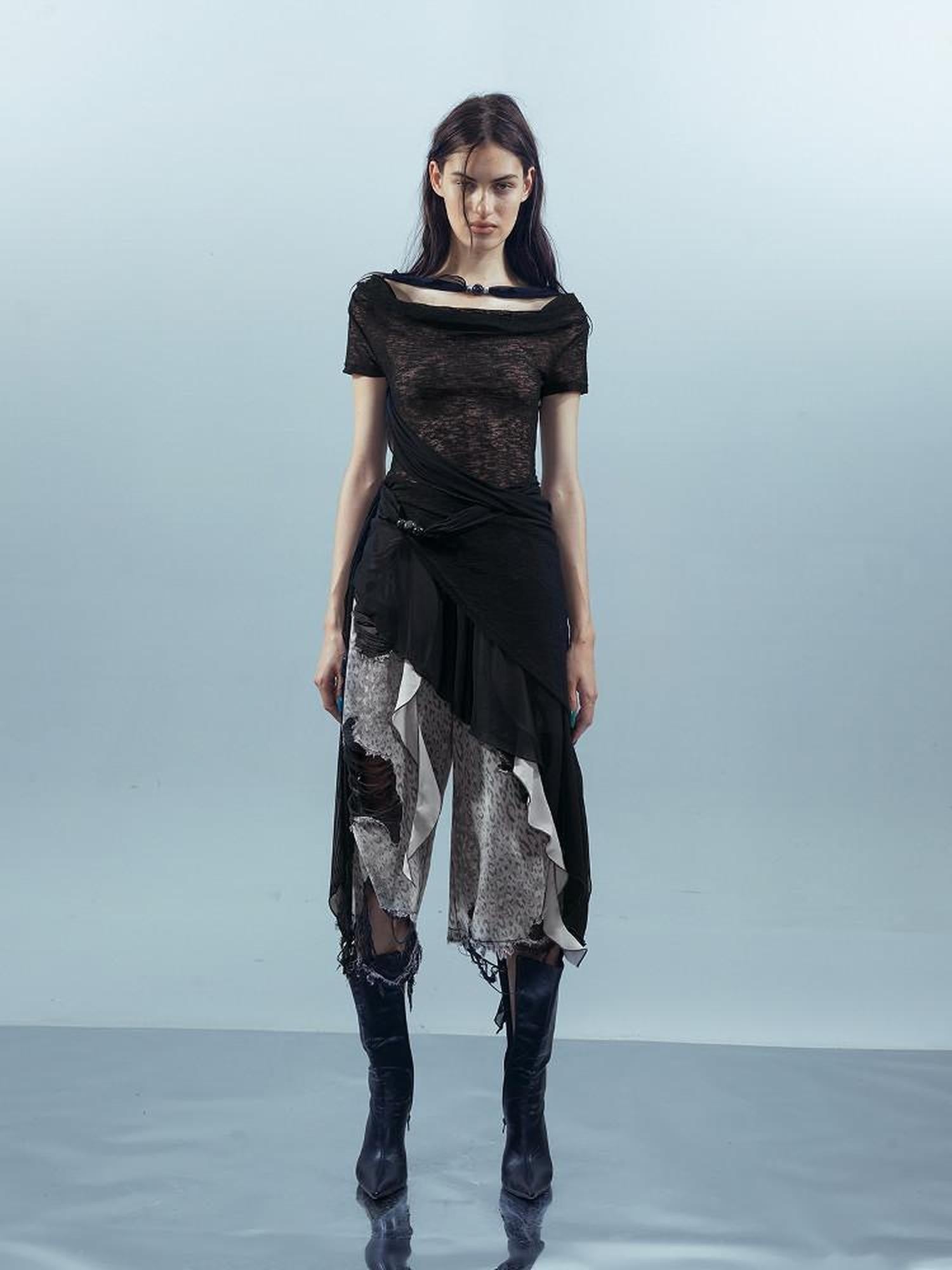 NORTH NODE Black Almond Beaded Mesh Splice Colorblock Women&