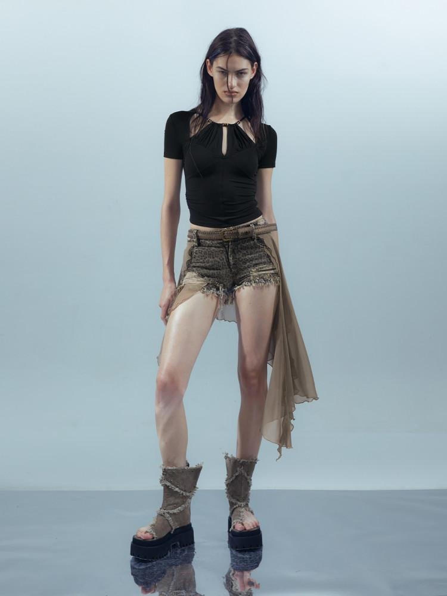 NORTH NODE Black Beaded Halter Ruched Slim Fit Women&