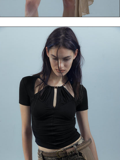 NORTH NODE Black Beaded Halter Ruched Slim Fit Women&