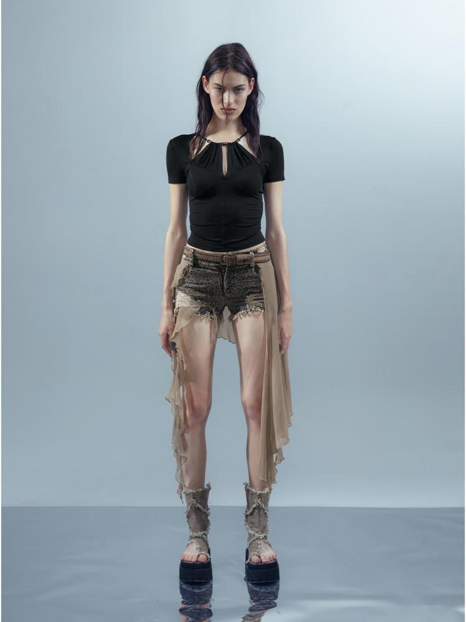 NORTH NODE Black Beaded Halter Ruched Slim Fit Women&