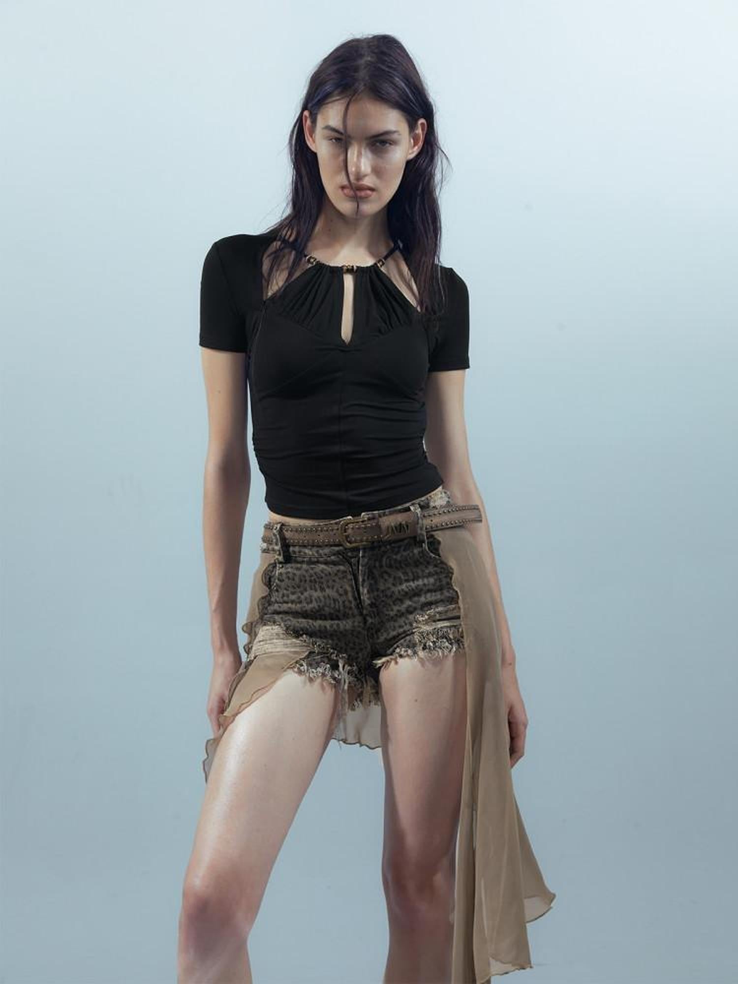 NORTH NODE Black Beaded Halter Ruched Slim Fit Women&
