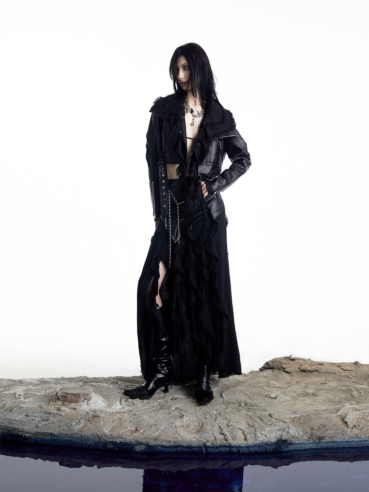 NORTH NODE Black Biker Single Row Buttons Lapel Pocket Slim Women&
