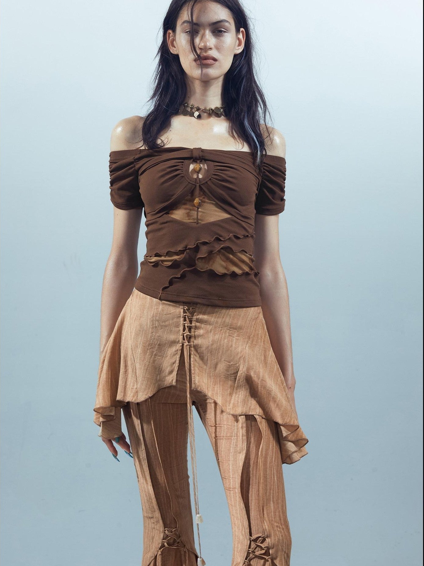 NORTH NODE Black Coffee Mesh Splice Colorblock Women&