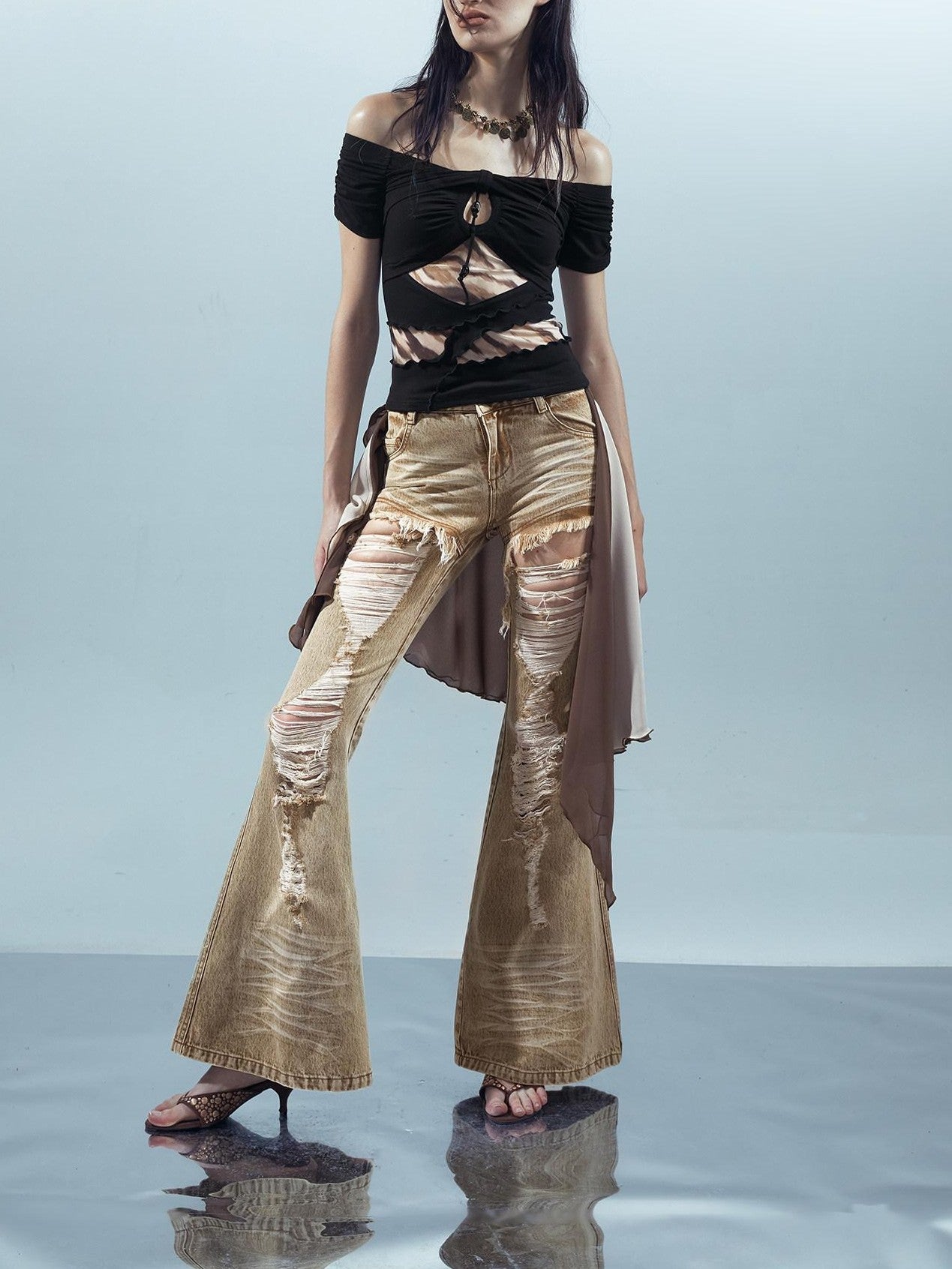 NORTH NODE Black Coffee Mesh Splice Colorblock Women&