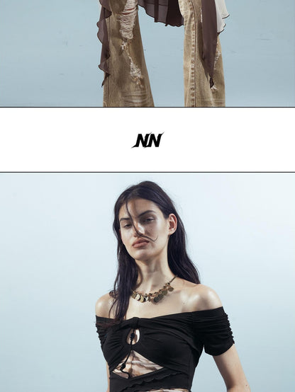 NORTH NODE Black Coffee Mesh Splice Colorblock Women&
