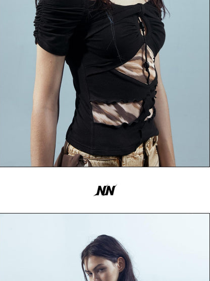 NORTH NODE Black Coffee Mesh Splice Colorblock Women&