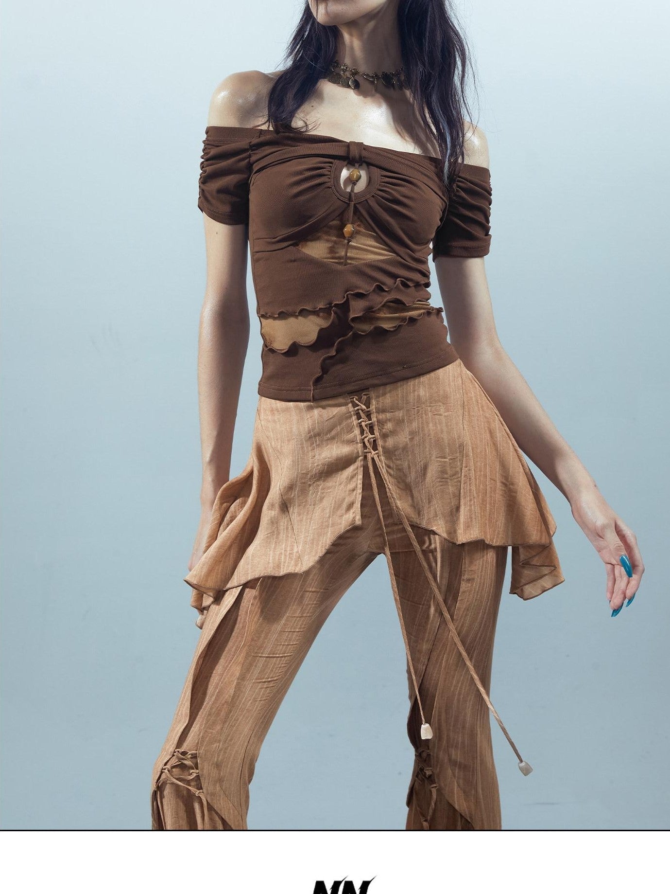 NORTH NODE Black Coffee Mesh Splice Colorblock Women&