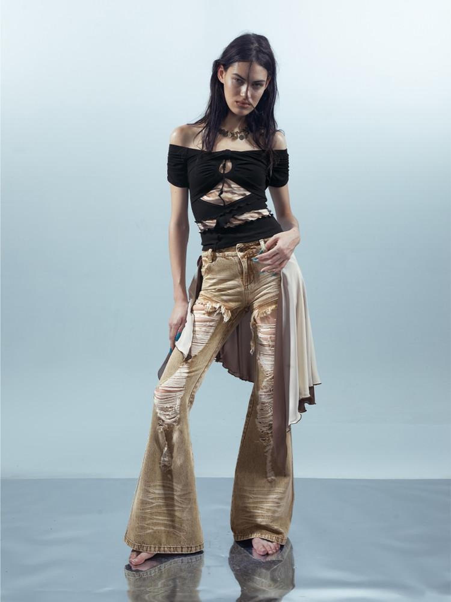 NORTH NODE Black Coffee Mesh Splice Colorblock Women&