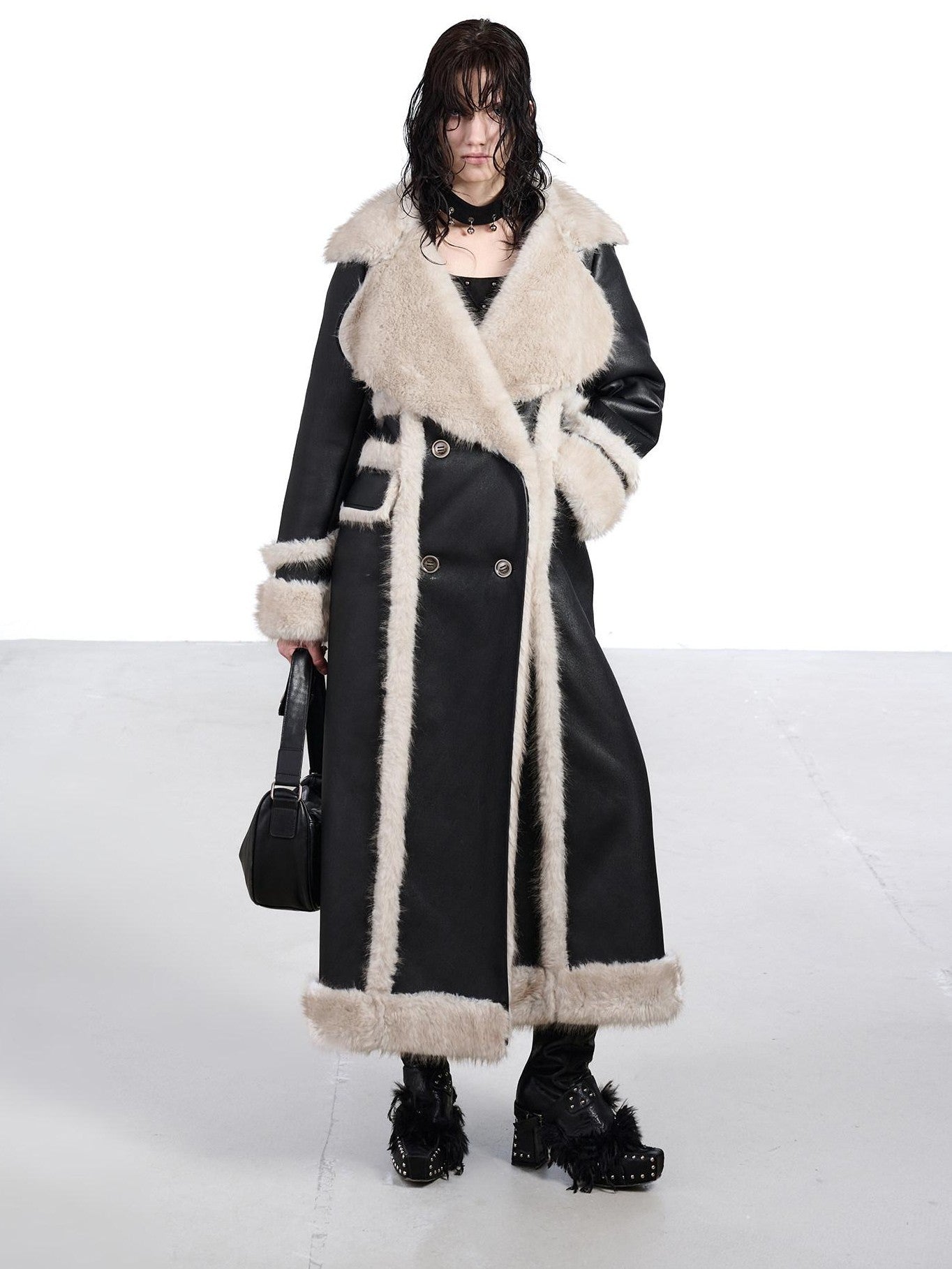 NORTH NODE Black Double Breasted Faux Shearling Notch Collar Women&