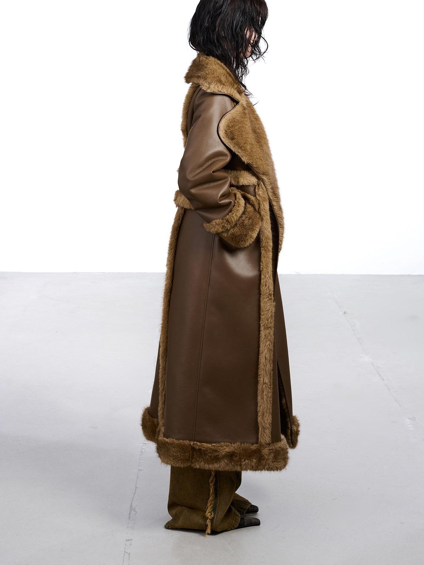 NORTH NODE Black Double Breasted Faux Shearling Notch Collar Women&