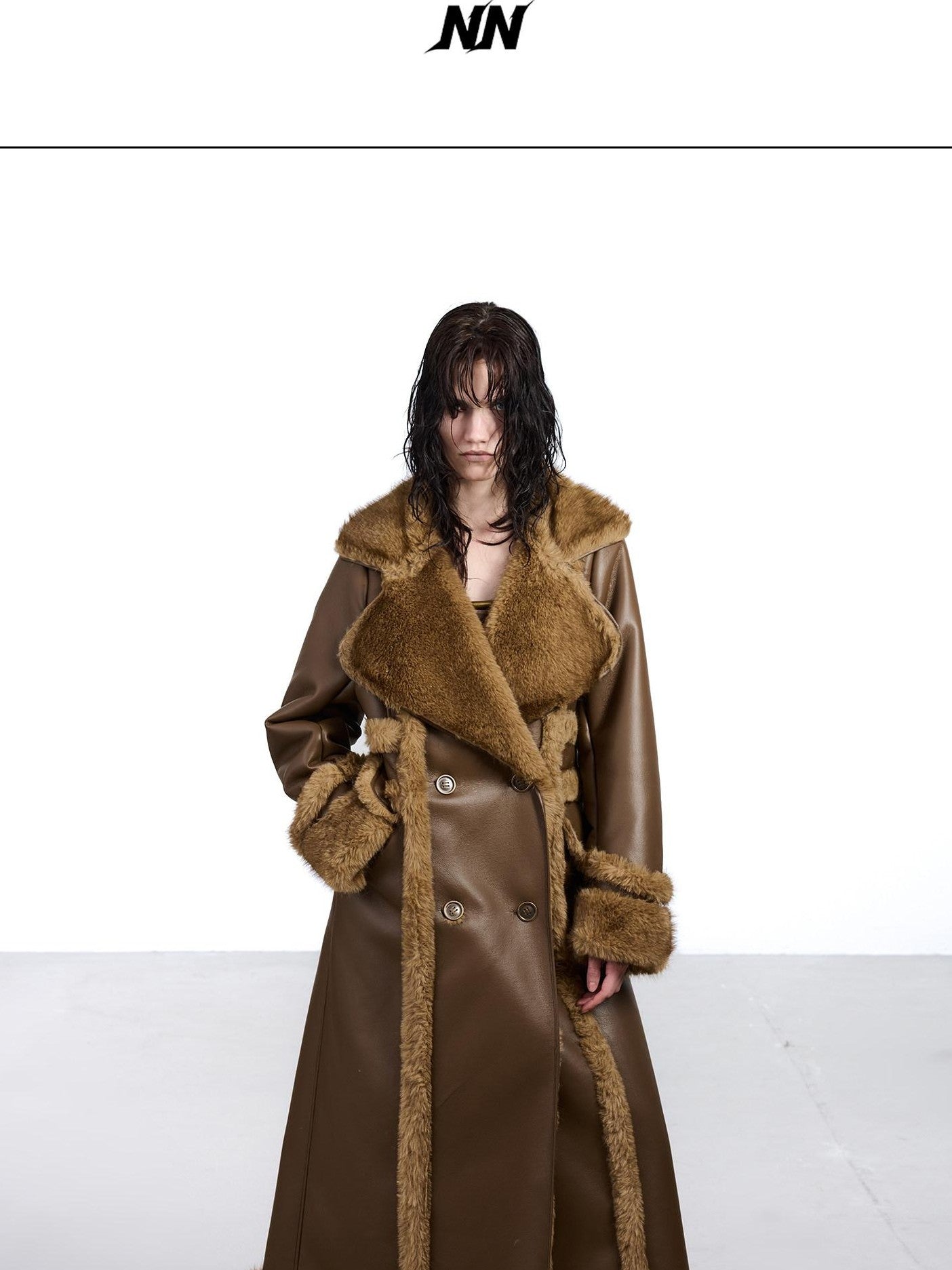NORTH NODE Black Double Breasted Faux Shearling Notch Collar Women&