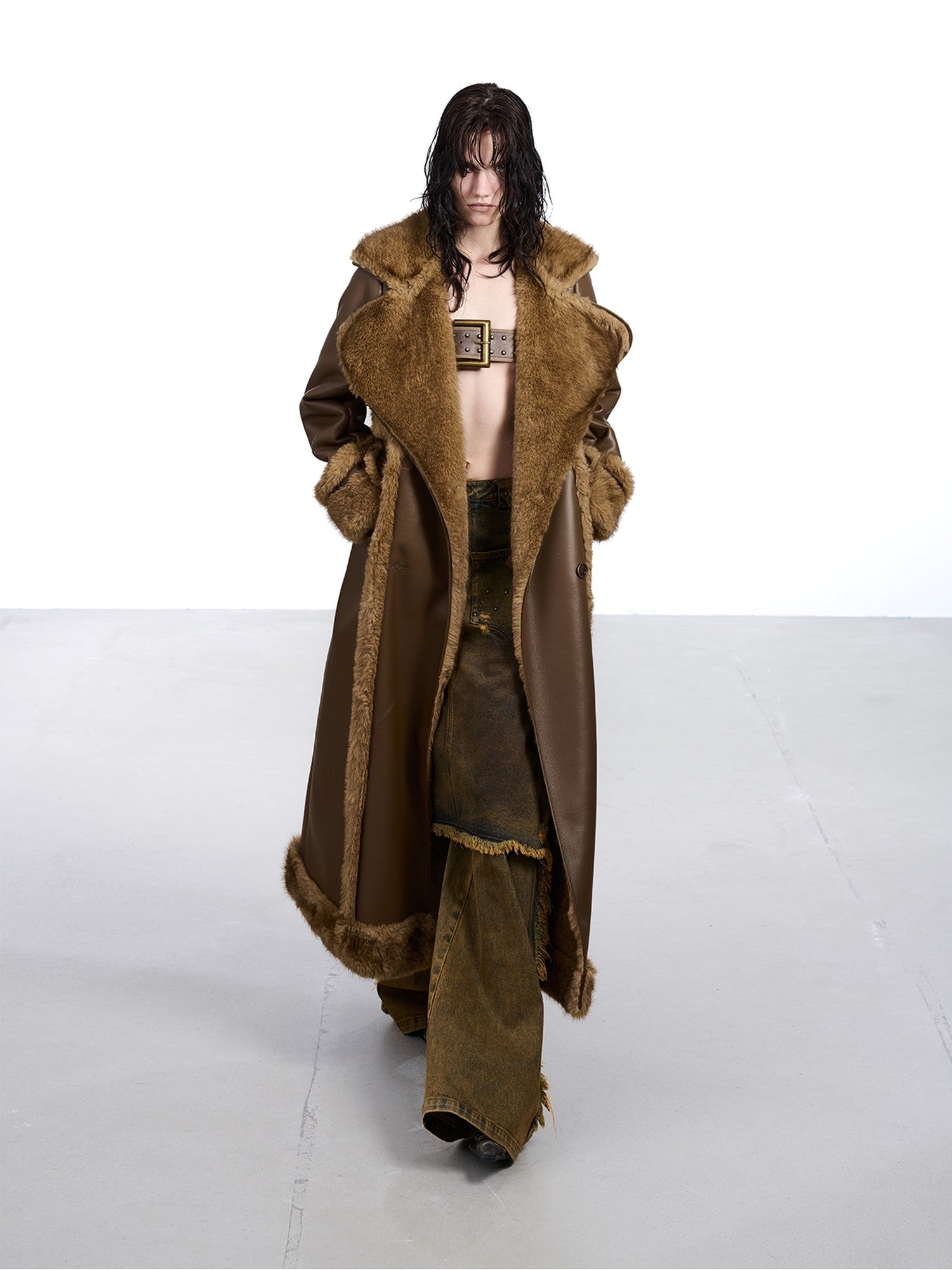 NORTH NODE Black Double Breasted Faux Shearling Notch Collar Women&
