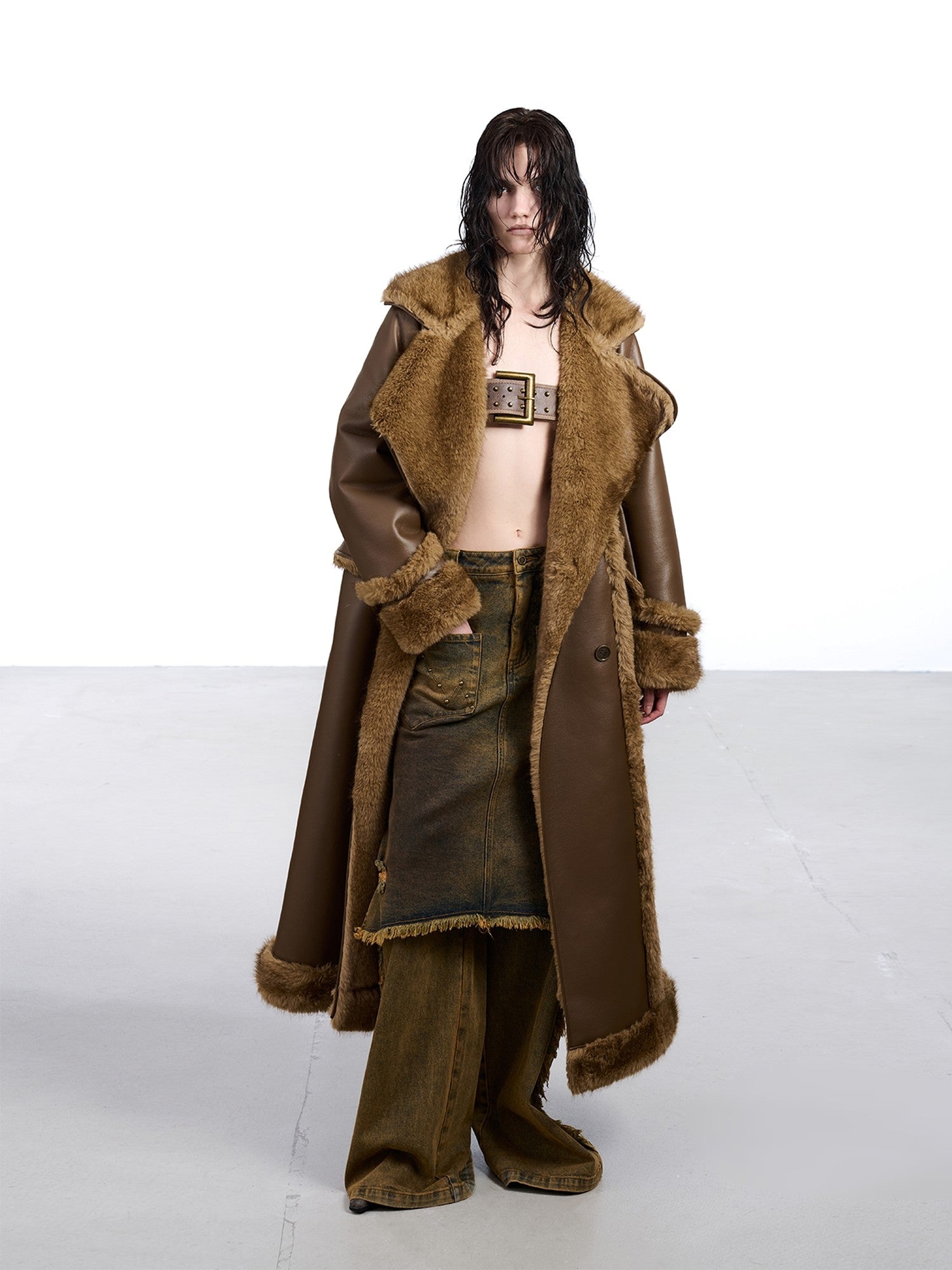 NORTH NODE Black Double Breasted Faux Shearling Notch Collar Women&