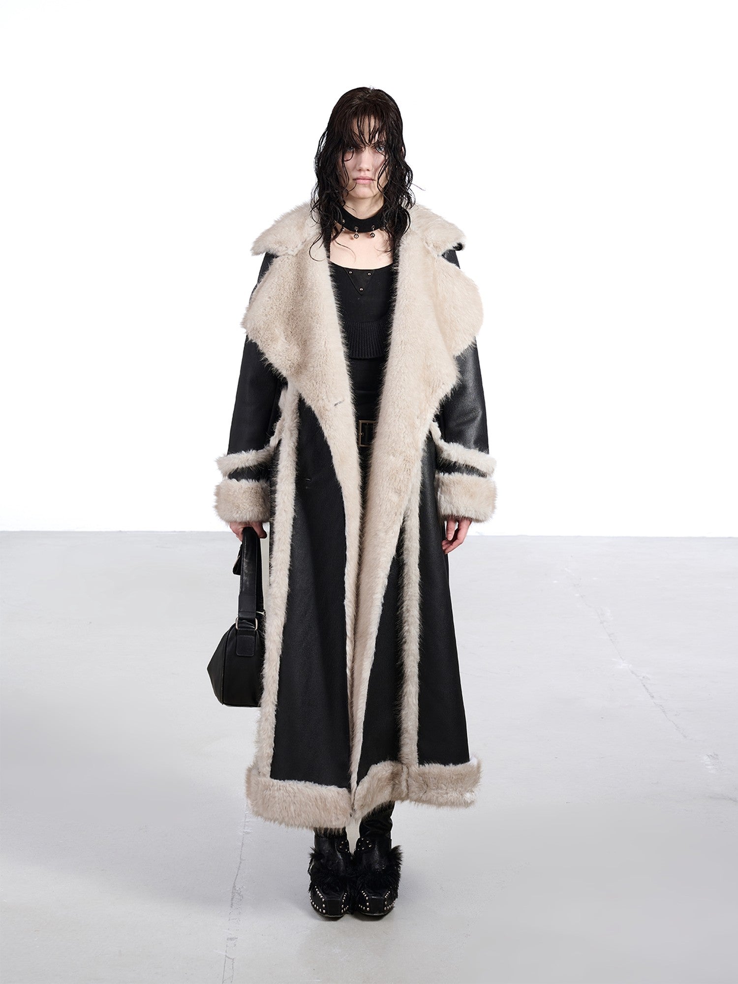 NORTH NODE Black Double Breasted Faux Shearling Notch Collar Women&