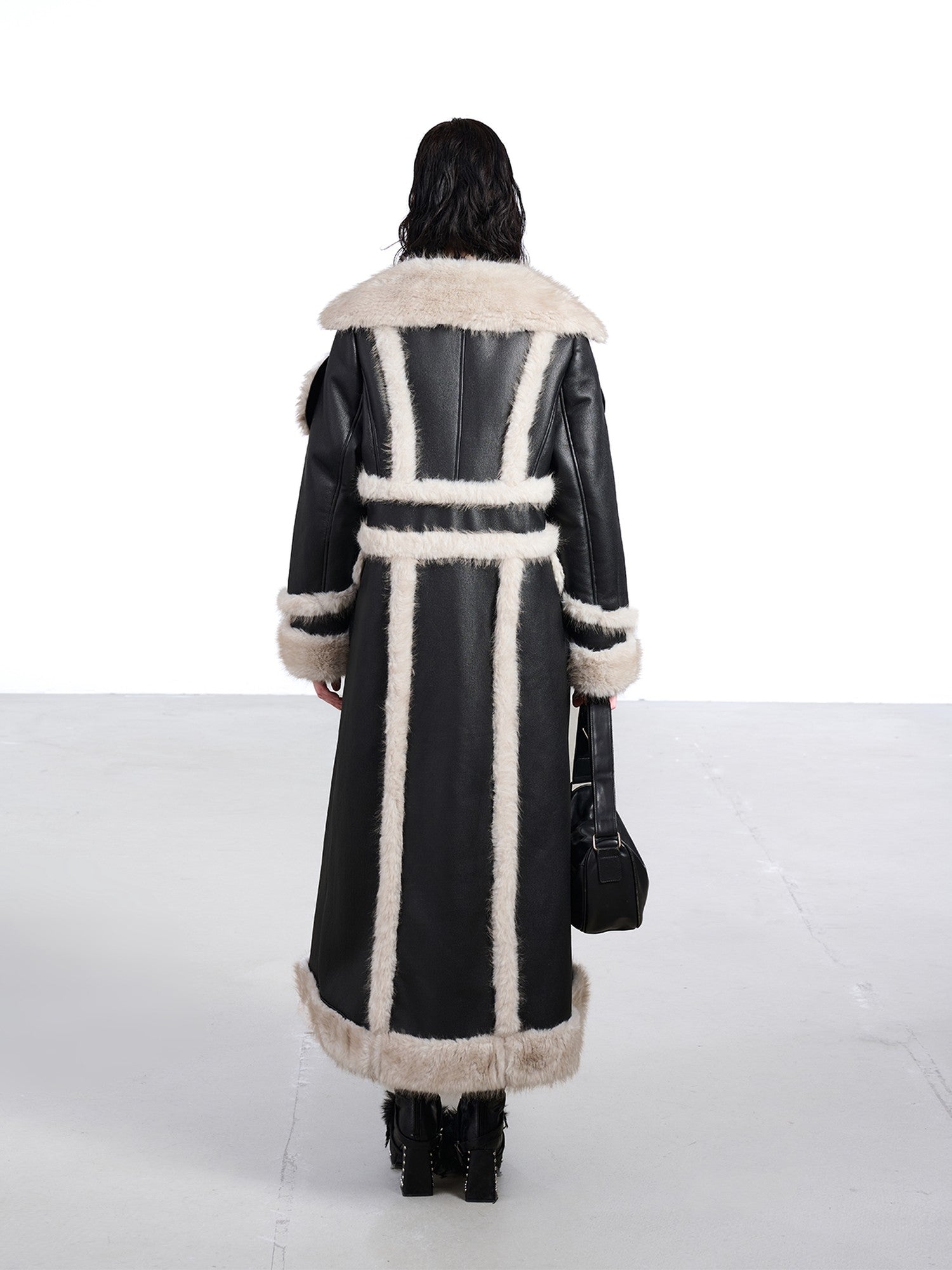 NORTH NODE Black Double Breasted Faux Shearling Notch Collar Women&
