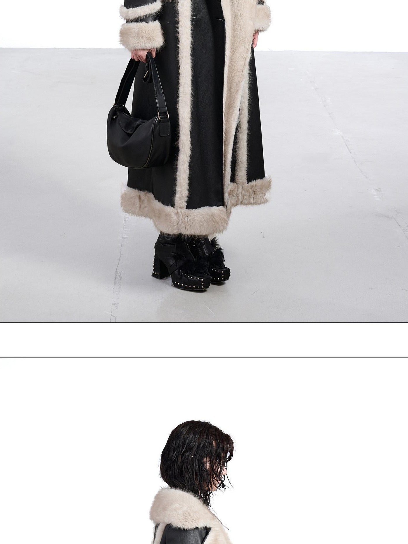 NORTH NODE Black Double Breasted Faux Shearling Notch Collar Women&