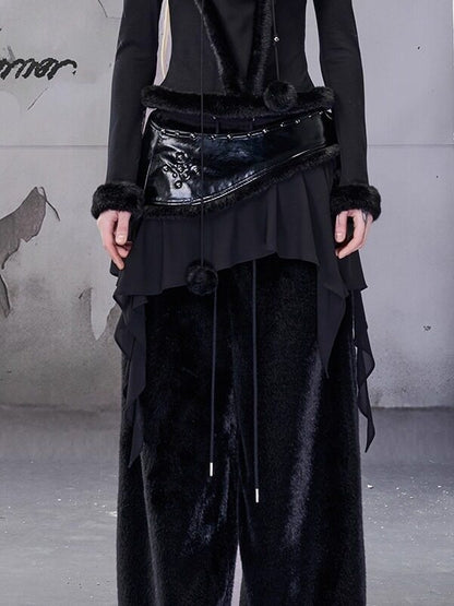 NORTH_NODE_Black_Fuzzy_Trim_Patchwork_Asymmetrical_Ruffle_Women&