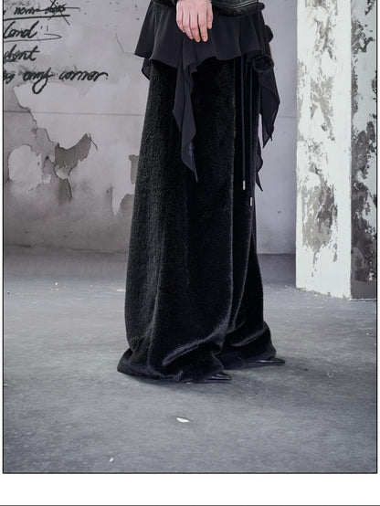NORTH NODE Black Fuzzy Trim Patchwork Asymmetrical Ruffle Women&