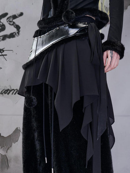 NORTH NODE Black Fuzzy Trim Patchwork Asymmetrical Ruffle Women&