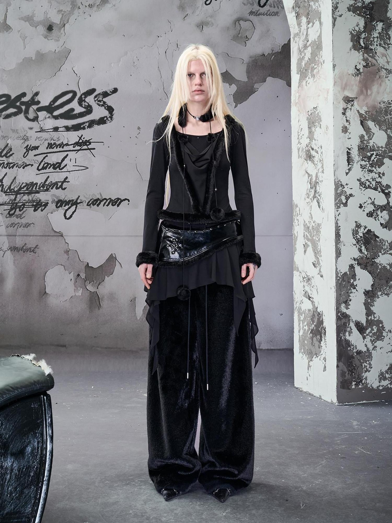 NORTH NODE Black Fuzzy Trim Patchwork Asymmetrical Ruffle Women&