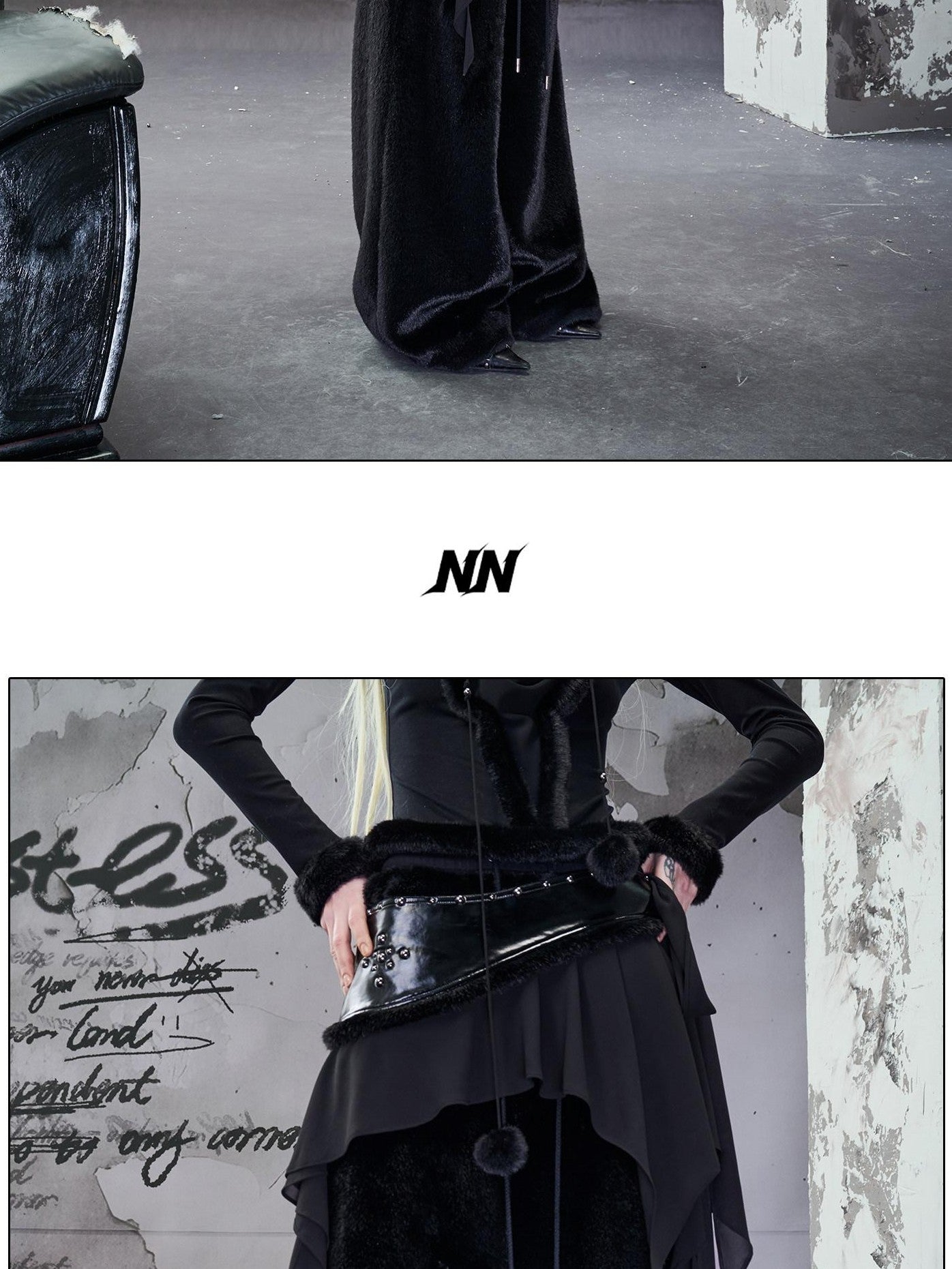 NORTH NODE Black Fuzzy Trim Patchwork Asymmetrical Ruffle Women&