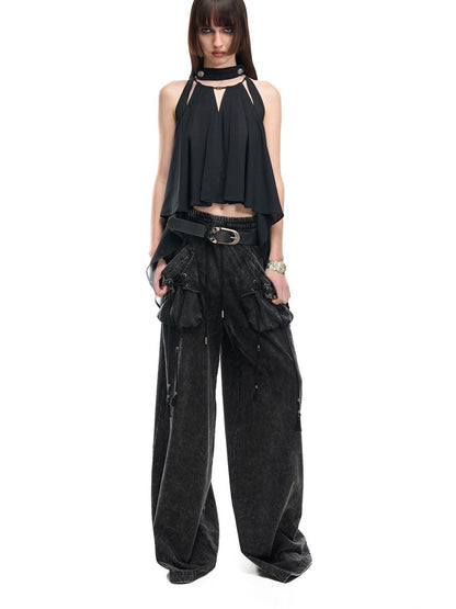 NORTH NODE Black Off Shoulder Halter Asymmetrical Ruffle Women&