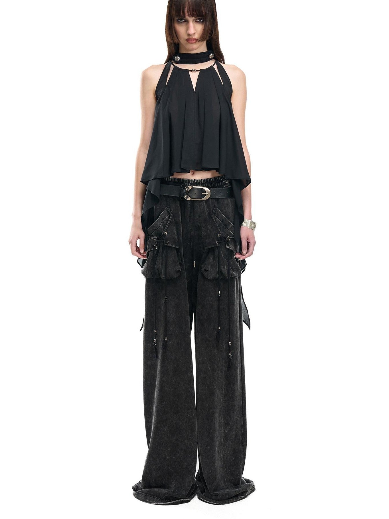 NORTH NODE Black Off Shoulder Halter Asymmetrical Ruffle Women&