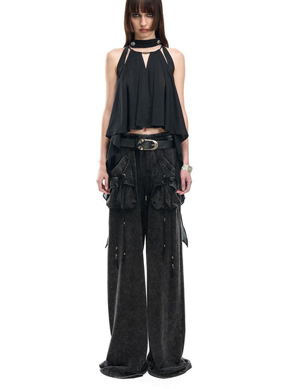 NORTH NODE Black Off Shoulder Halter Asymmetrical Ruffle Women&